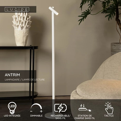 Lucide ANTRIM - Lampadaire / lampe de lecture Rechargeable Intérieur/Extérieur - Batterie/Piles - LED Dim. - 1x2,2W 2700K - IP54 - Avec station de charge sans fil - Blanc - USP